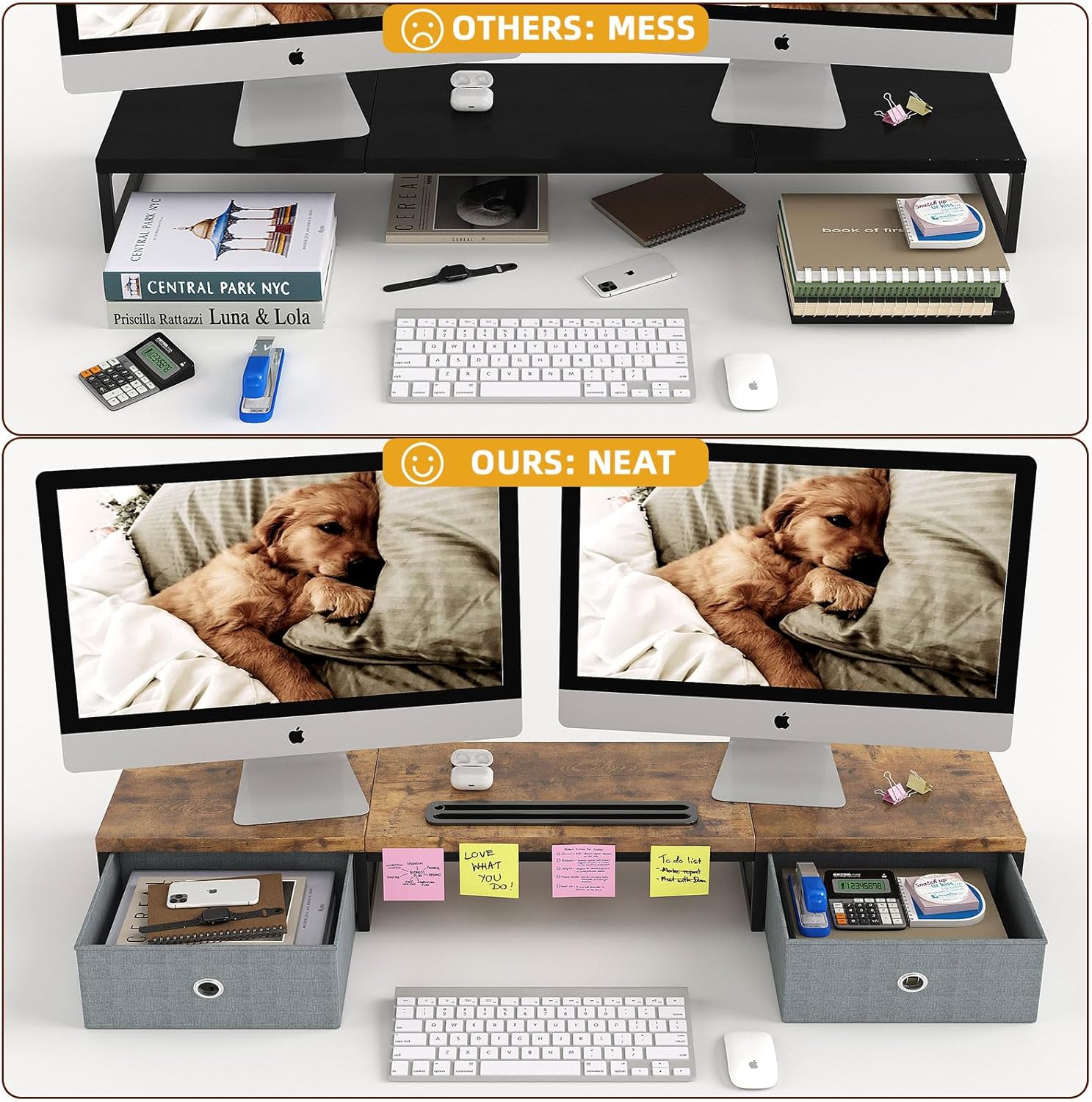 Dual Monitor Stand Riser with 2 Drawers - 39Inch Large Storage Computer Monitor Stands for 2 Monitors, Wooden Desktop Organizer Perfect for Home Office Desk, Computer, Laptop, TV, Rustic Brown