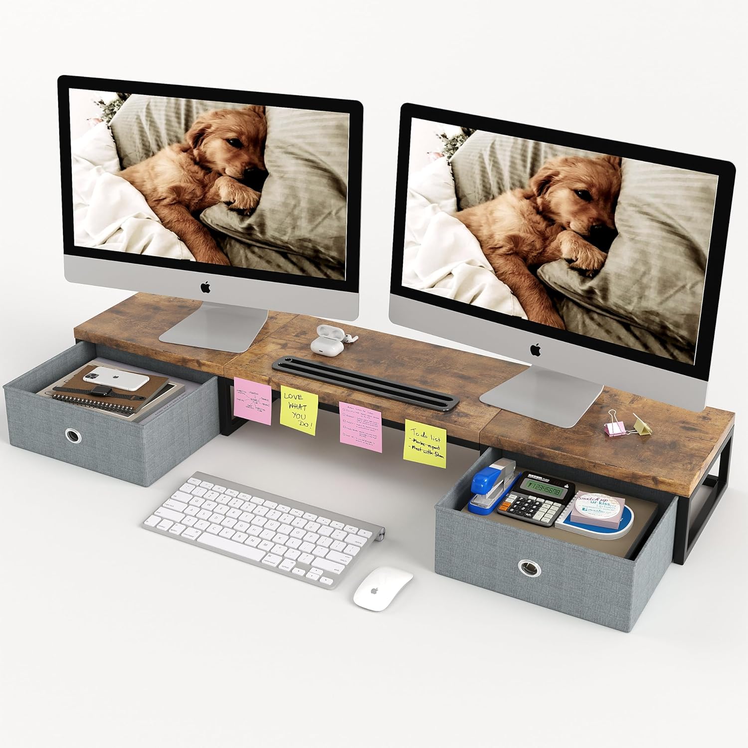 Dual Monitor Stand Riser with 2 Drawers - 39Inch Large Storage Computer Monitor Stands for 2 Monitors, Wooden Desktop Organizer Perfect for Home Office Desk, Computer, Laptop, TV, Rustic Brown