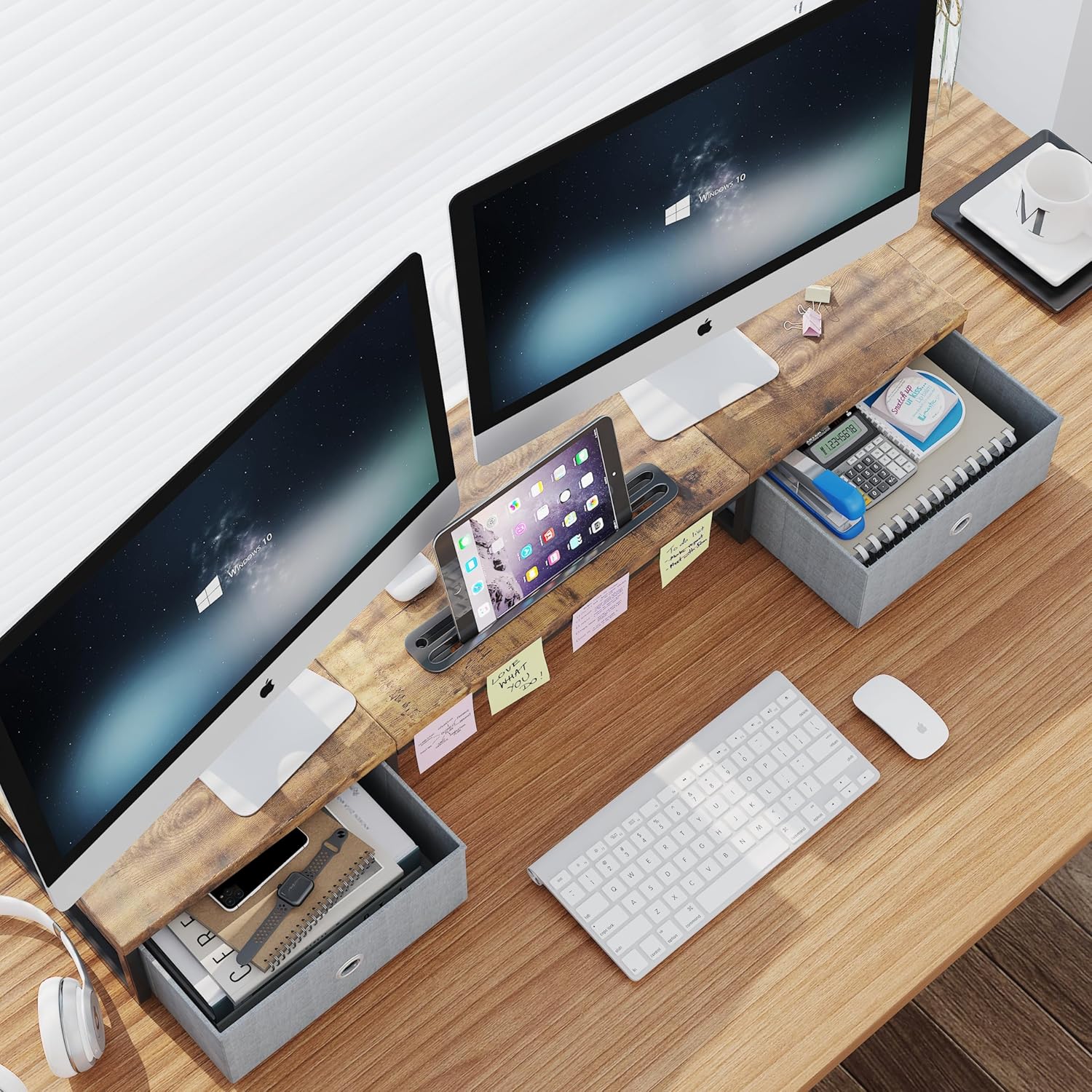 Dual Monitor Stand Riser with 2 Drawers - 39Inch Large Storage Computer Monitor Stands for 2 Monitors, Wooden Desktop Organizer Perfect for Home Office Desk, Computer, Laptop, TV, Rustic Brown